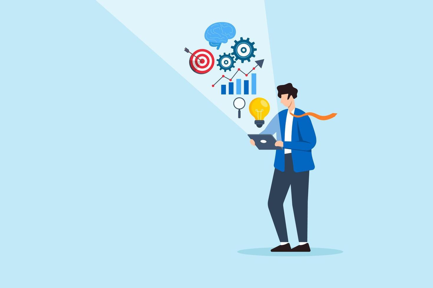 Flat illustration of businessman discovering insight with tablet projecting data visualization brain target gears chart and glowing lightbulb as business solution concept vector