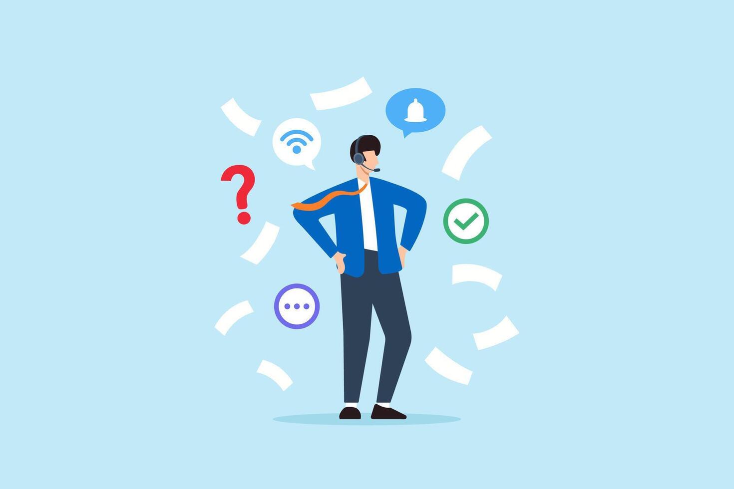 Flat illustration of support specialist reviewing remote tickets with headset in multitasking customer service environment vector