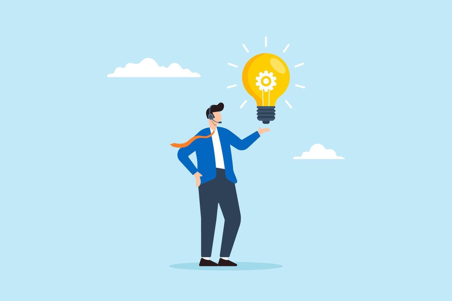 Flat illustration of operator providing creative solution with lightbulb idea in customer support and problem solving concept vector