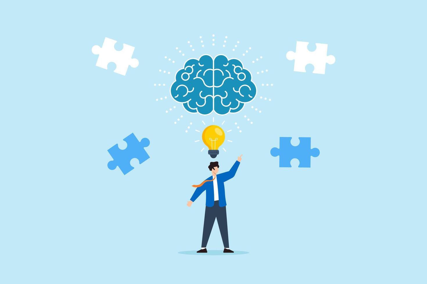 Flat illustration of creative businessman pointing at glowing lightbulb with puzzle pieces and brain symbolizing problem solving and critical thinking vector