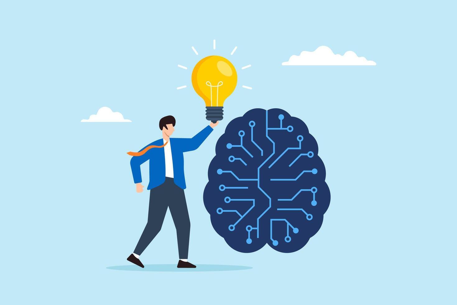 Flat illustration of businessman holding glowing lightbulb in front of digital brain representing innovation artificial intelligence and technology breakthrough vector