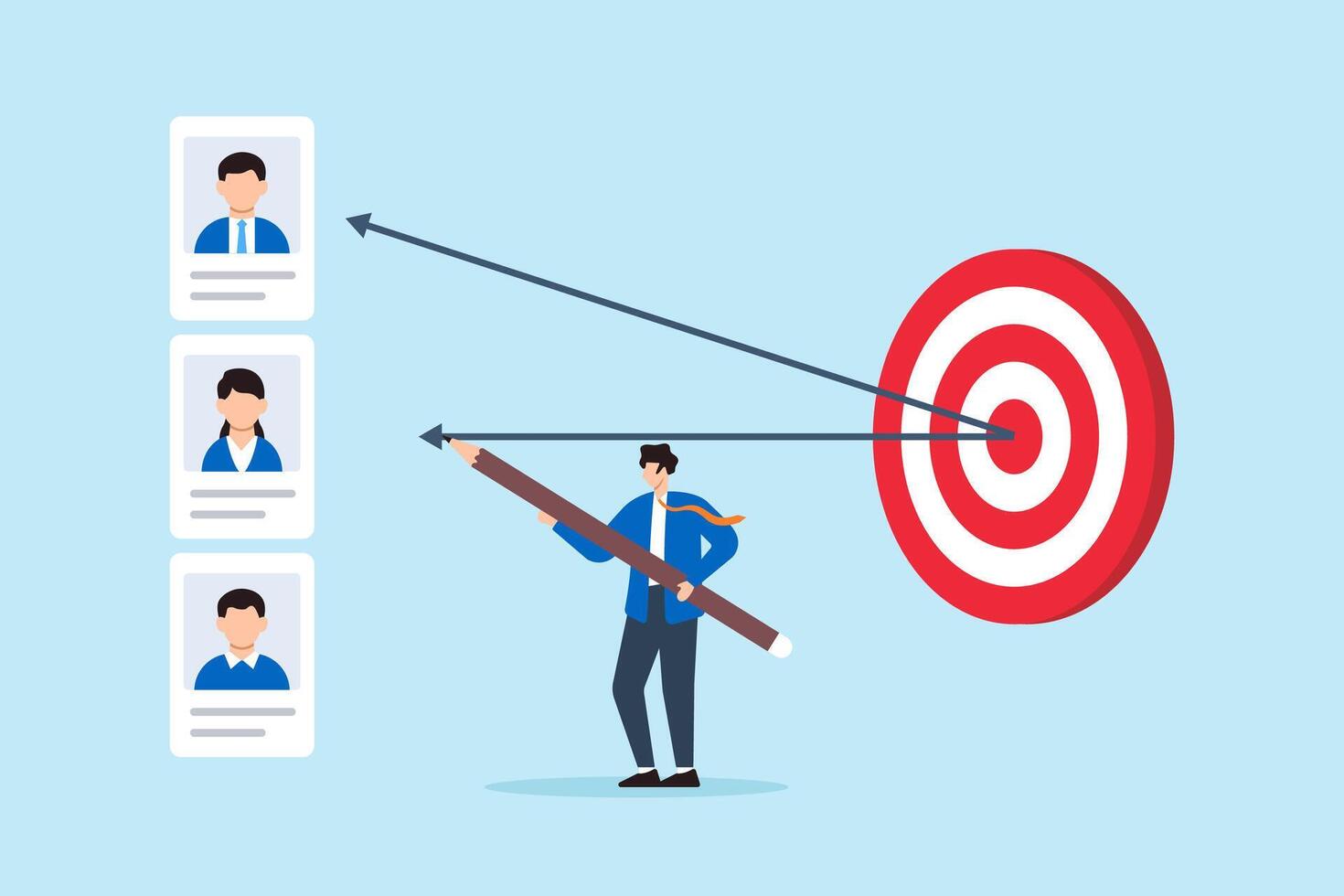 Flat illustration of human resource manager aiming arrows from candidate profiles toward target board to represent job interview selection and recruitment focus vector