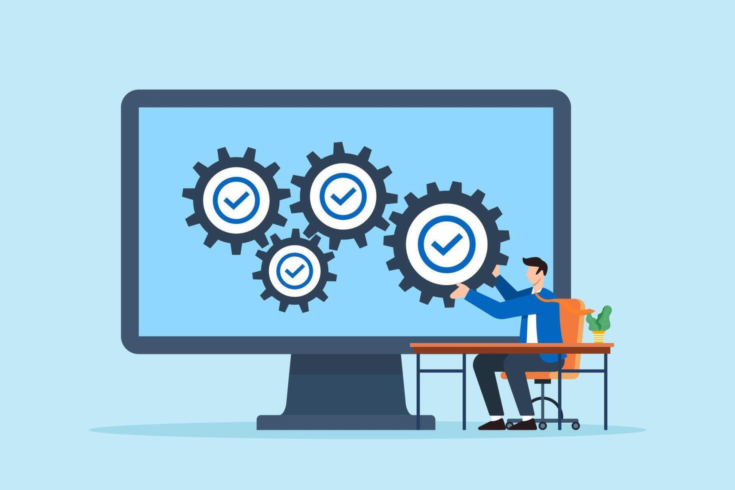 Flat illustration of remote worker assembling checklist gears inside virtual machine on desktop screen to represent task automation and workflow optimization vector