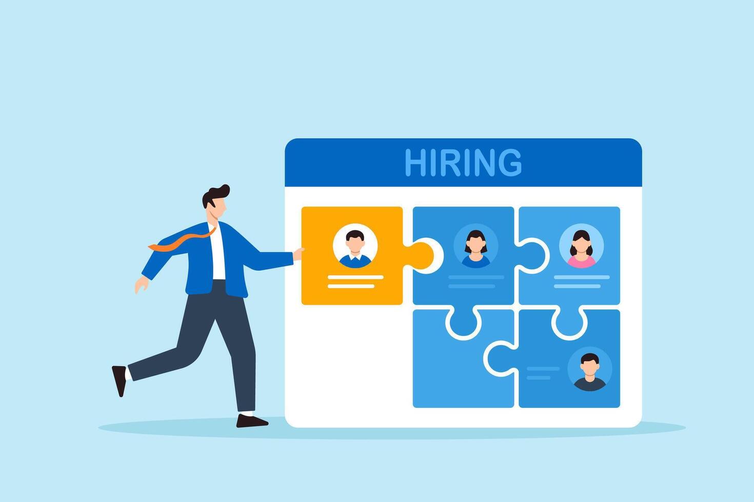 Flat illustration of human resource manager inserting candidate profile into empty job puzzle slot on hiring dashboard to complete recruitment structure vector