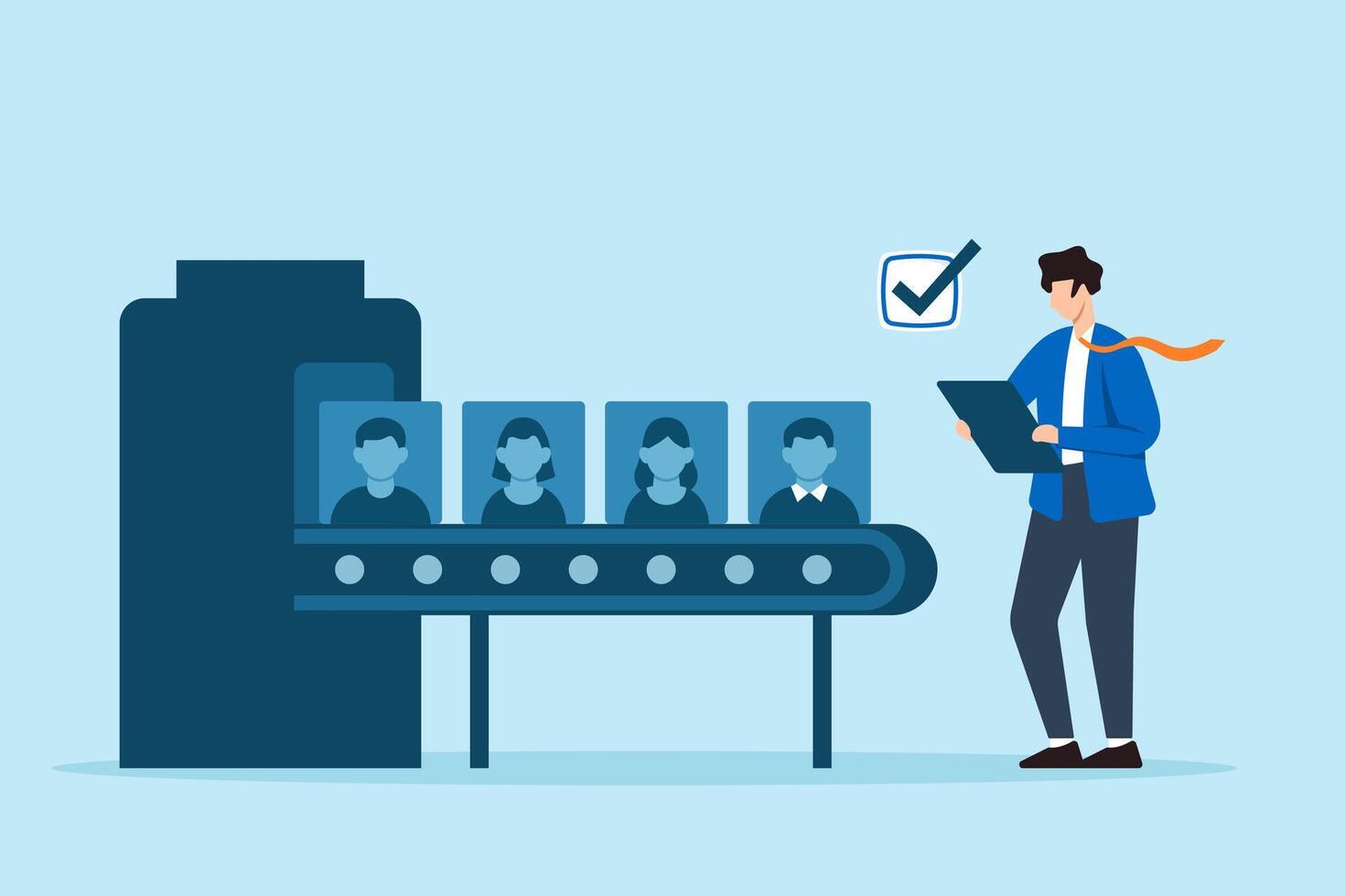 Flat illustration of human resource manager reviewing candidate profile files on conveyor belt during automated recruitment process and checklist screening for hiring selection vector