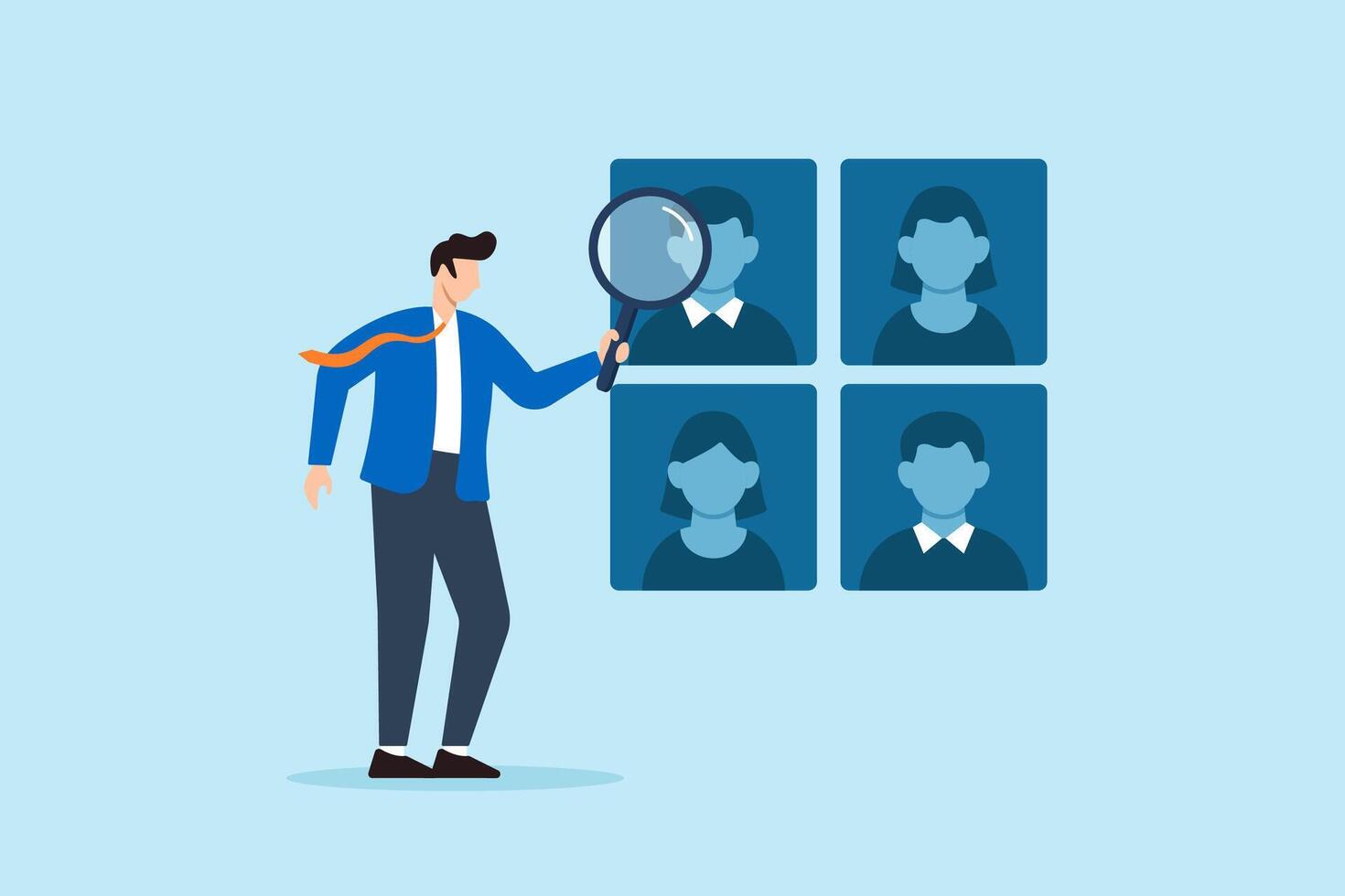 Flat illustration of human resource manager analyzing candidate profiles with magnifying glass to select perfect team members for recruitment and hiring process vector