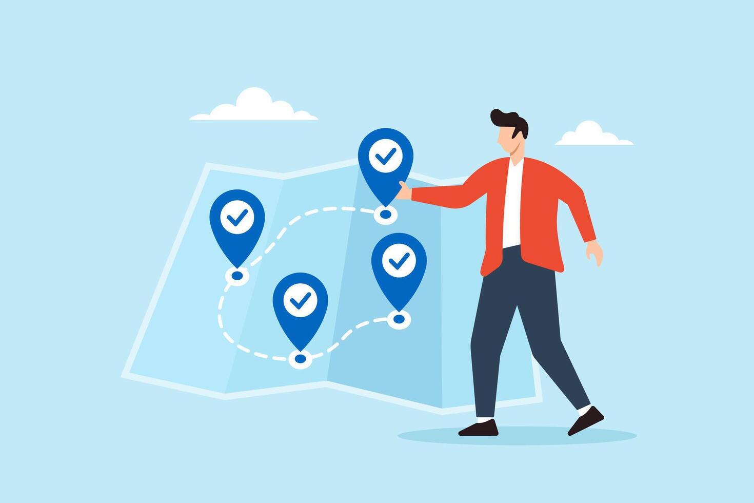 Flat illustration of freelancer navigating task map with checklist icons as destination markers to represent progress tracking and workflow planning vector