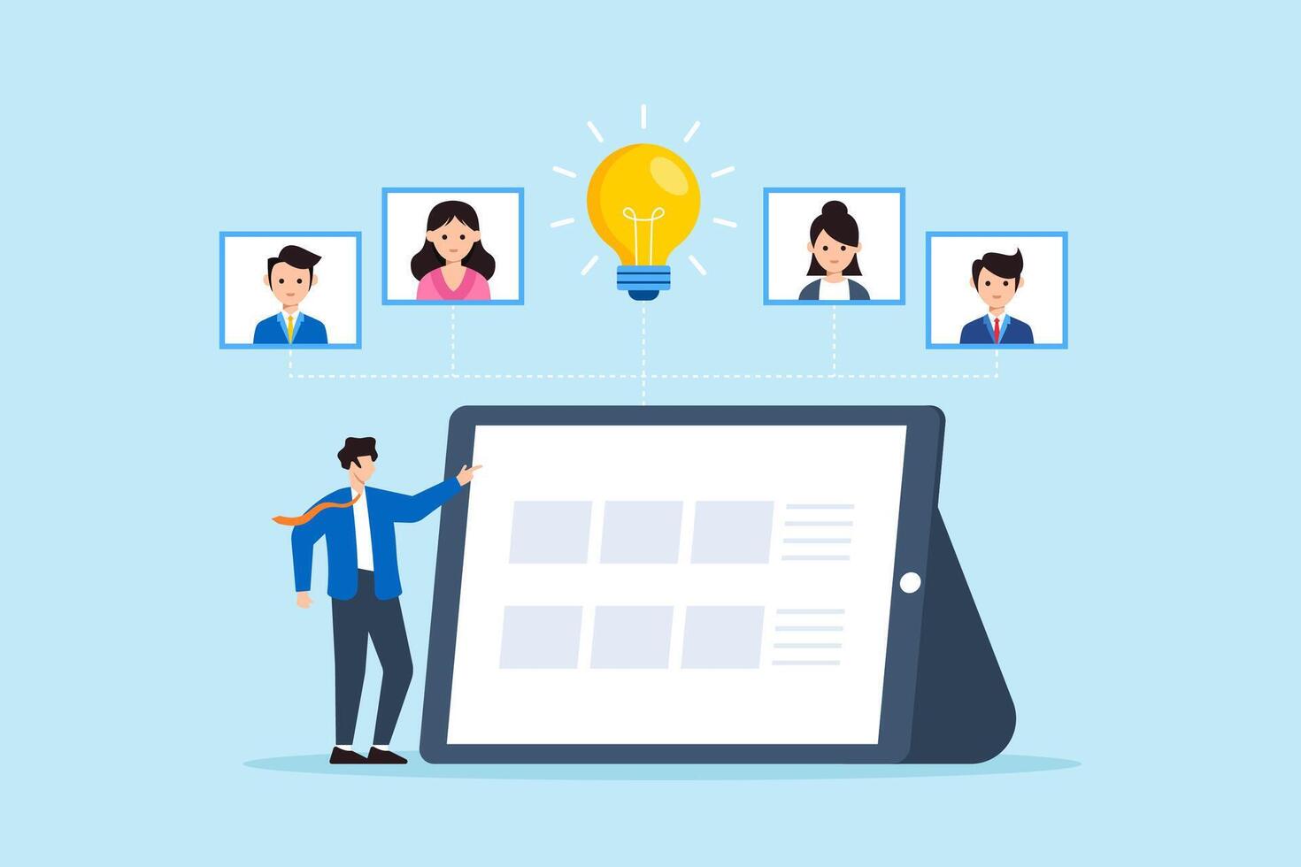 Flat illustration of businessman pointing at digital tablet while collaborating with remote team members to discover innovative solution and share creative ideas vector