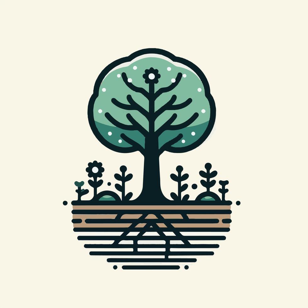 A tree with roots and plants in the middle of the ground vector