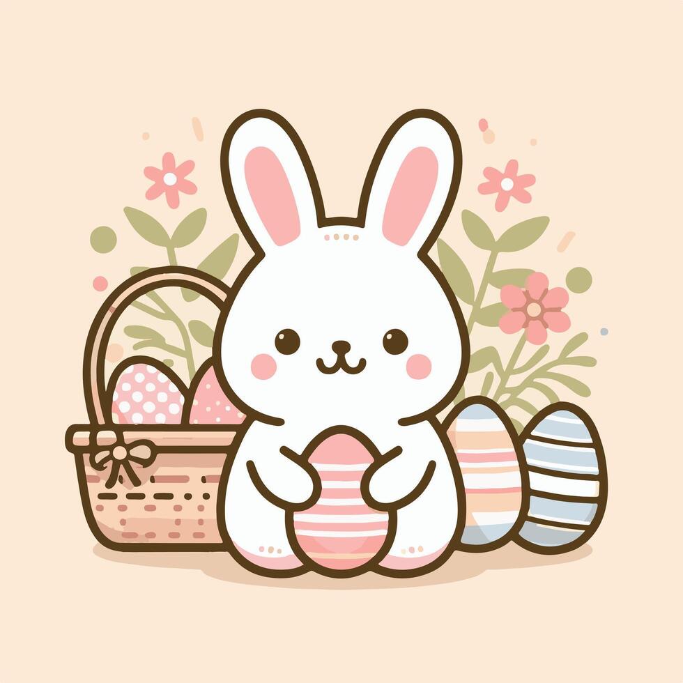 Cute bunny with easter eggs and flowers vector