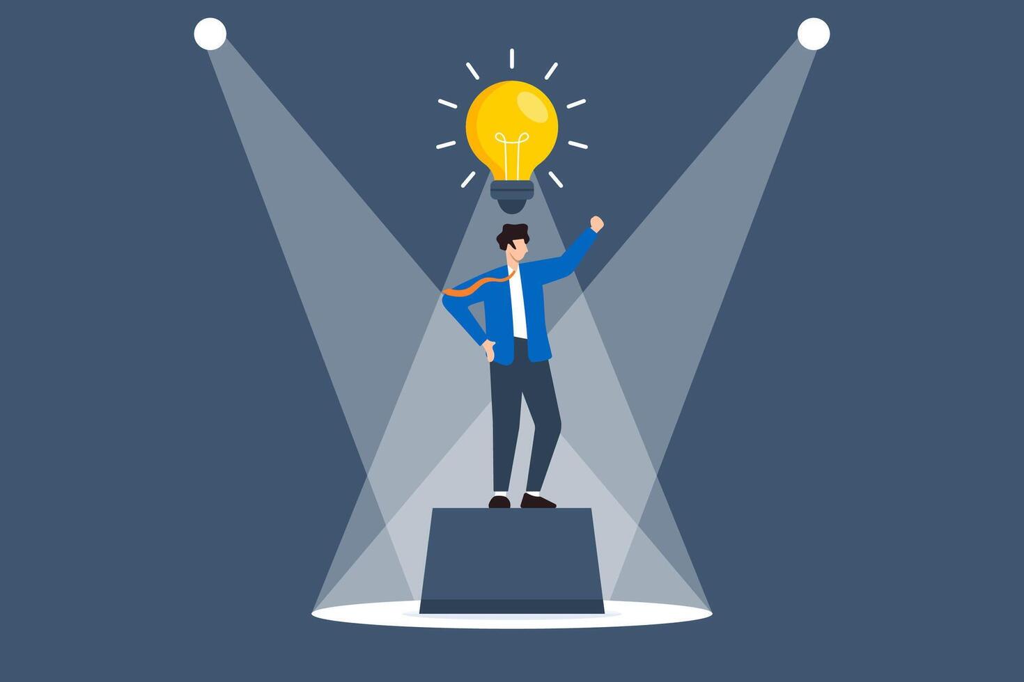Flat illustration of businessman standing on spotlighted stage finding creative solution with glowing lightbulb symbolizing breakthrough and inspiration vector