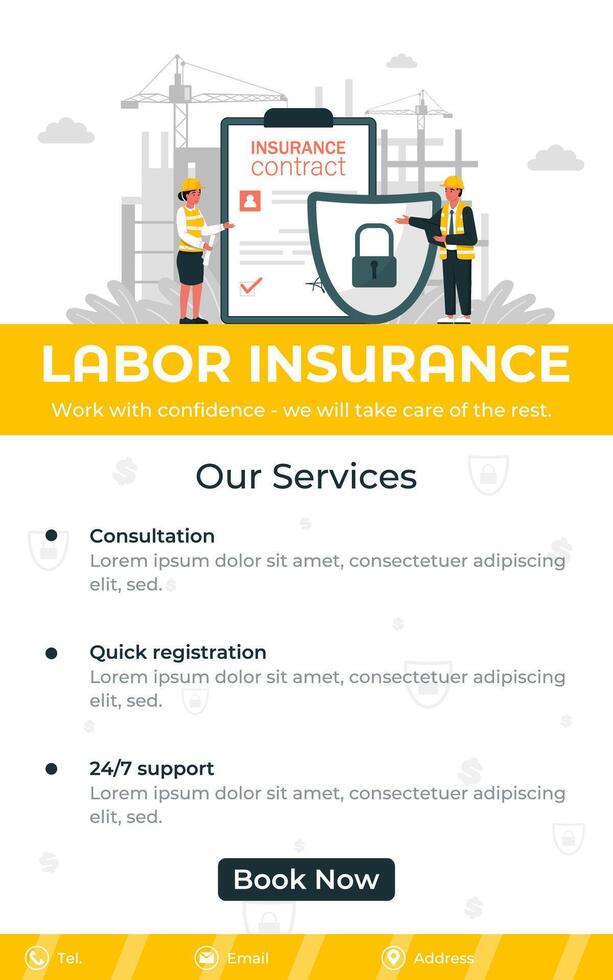 Workplace safety and employee protection banner. Promoting occupational safety regulations and workplace agreements. Focus on accident prevention, worker security, and employee well-being. vector