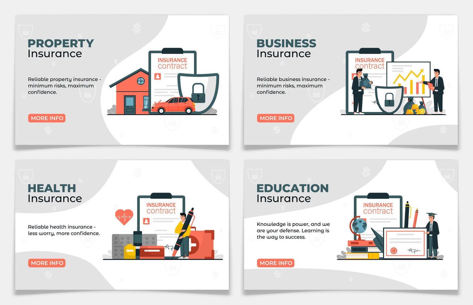Collection of Insurance Services Web Landing Page. vector