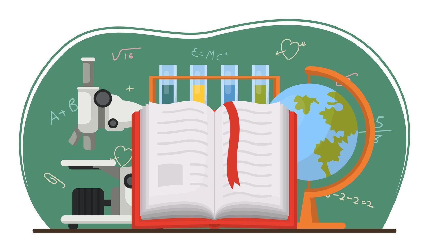 Open School Book with Education Supplies Scene. vector