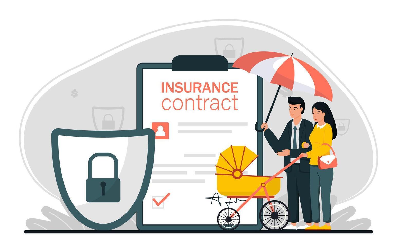 Safety and care for a young couple with a baby. Shield symbolizing protection for parents and children. Medical policy or contract agreement concept. Flat illustration. vector