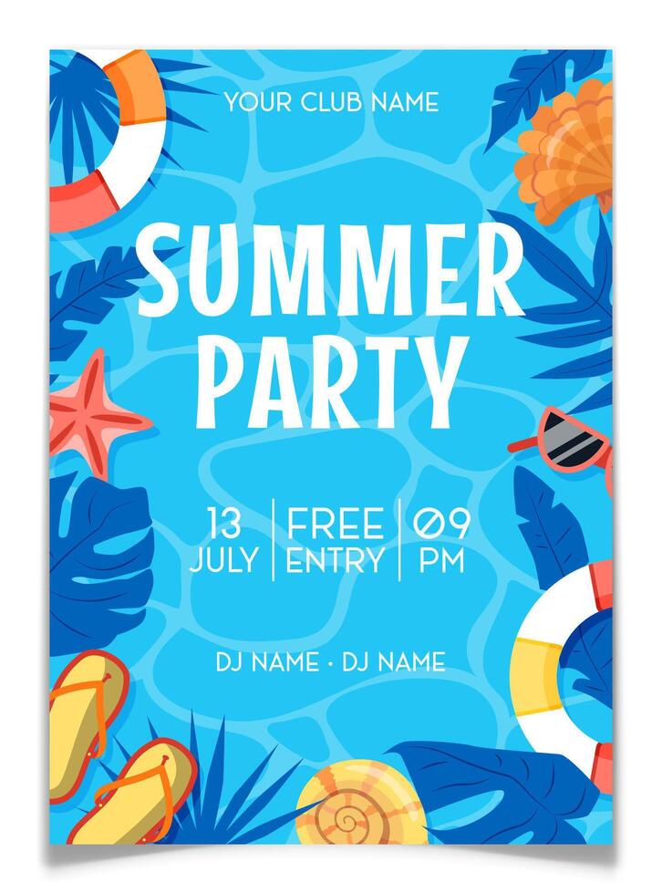 Summer Party Invitation Poster with Tropical Leaf. vector