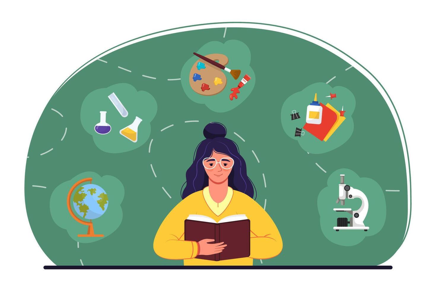 Girl Reading Book Surrounded by Education Icons. vector
