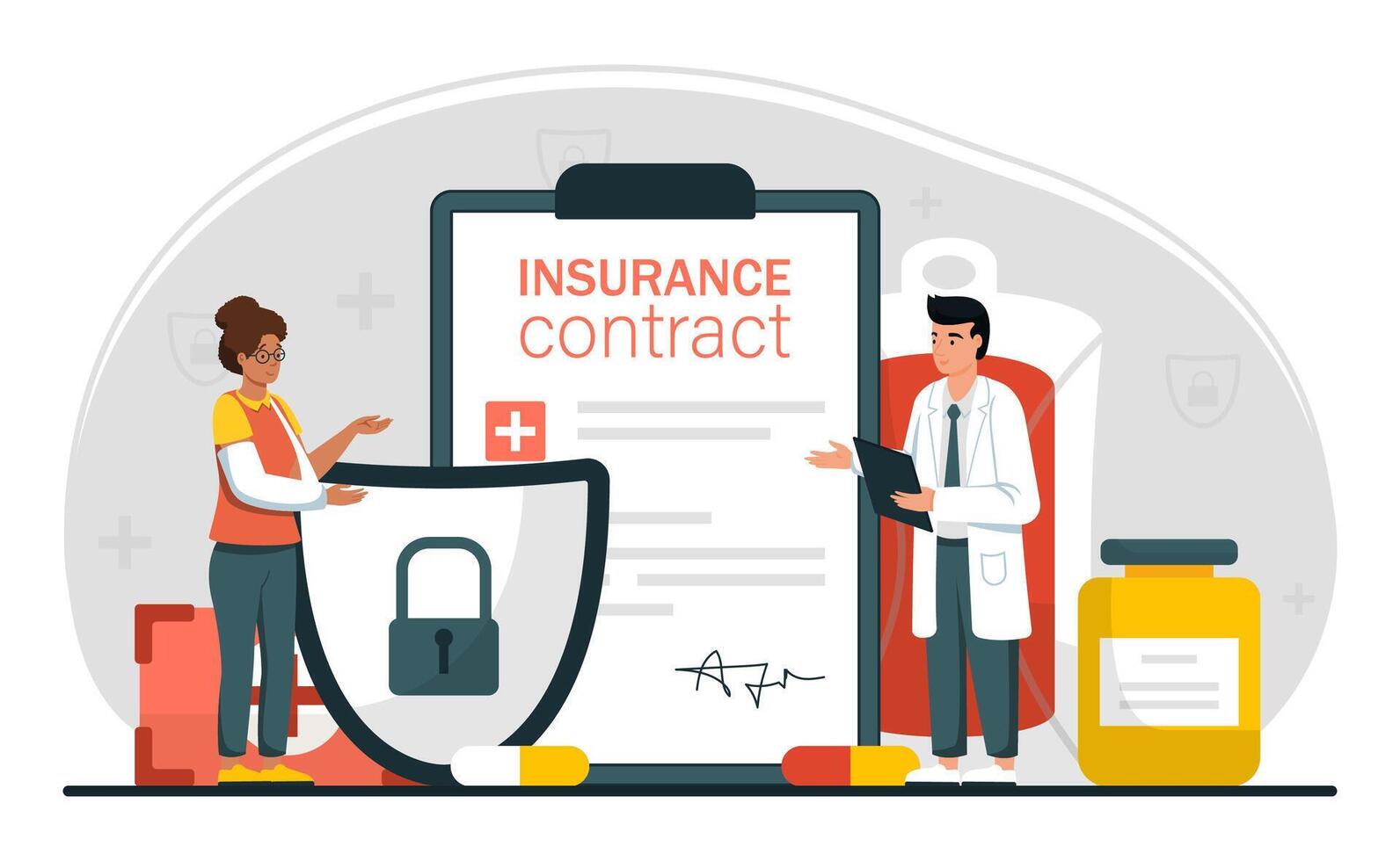 Healthcare protection and support scene. Doctor assisting a woman with a broken arm. Concept of medical safety, accident support, and access to treatment. Flat illustration. vector