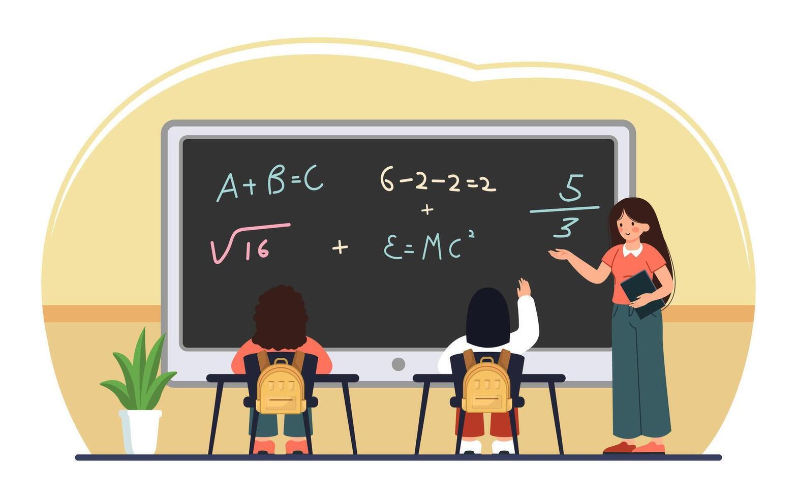 School Teacher Teaching Students in Classroom. vector