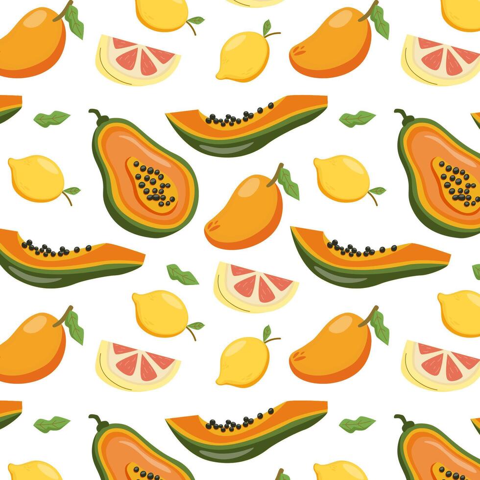 Tropical Papaya and Mango Fruit Seamless Pattern. vector