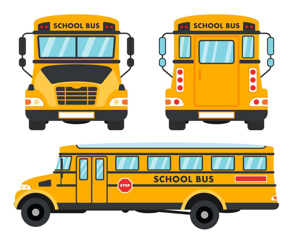 Yellow School Bus Set, Front, Side and Back Views. vector