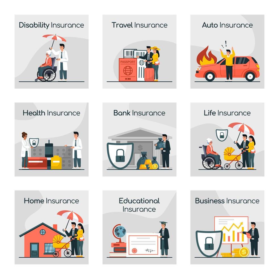 Collection of protection and safety service scenes. Concept of securing property and life from harm or loss. Travel, health, education, finance, home, and business protection. illustration set. vector