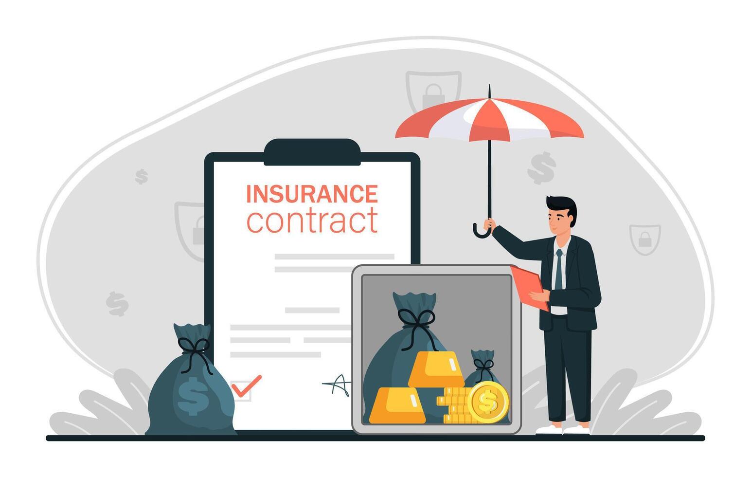 Man saving money and shielding bank deposit with an umbrella. Concept of financial safety, investment security, and deposit guarantee. Flat illustration. vector