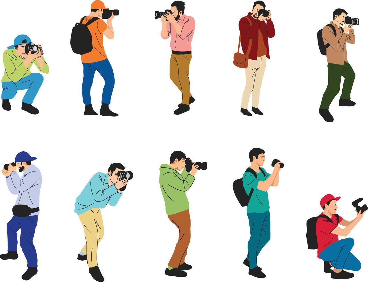 A dynamic collection of illustrations showing cameramen in various poses for media, filmmaking, journalism, and creative content designs vector
