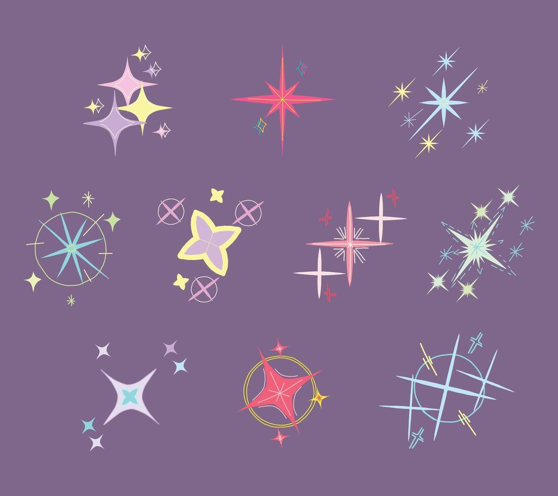 A cute shiny collection of star sparkle illustrations in various shapes and styles. Perfect for magical themes, celebration designs, holiday decor, and whimsical backgrounds vector