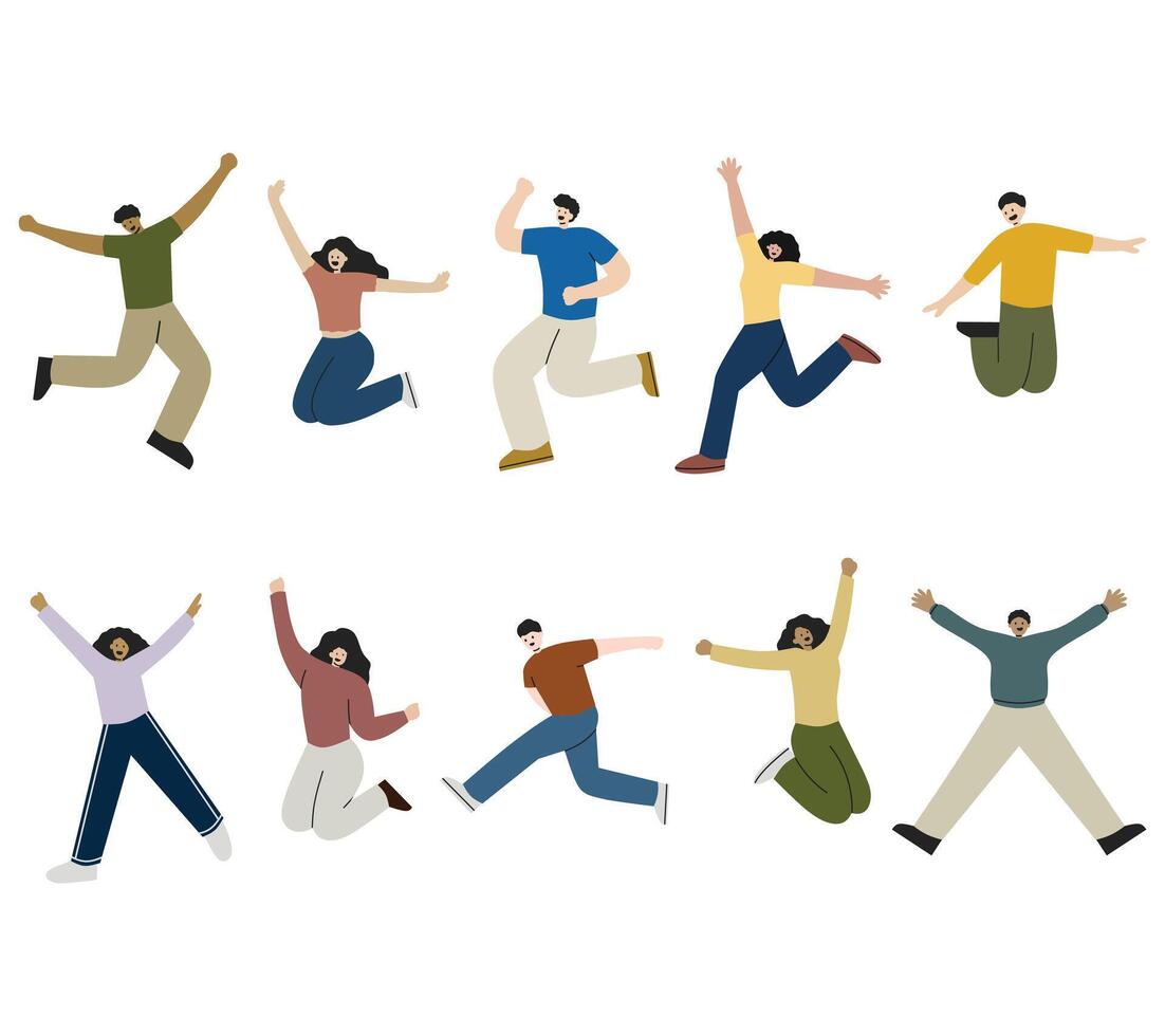 A joyful collection of illustrations featuring diverse characters in energetic jumping poses for celebration themes, motivational designs, event promotions, and positive lifestyle visuals. vector