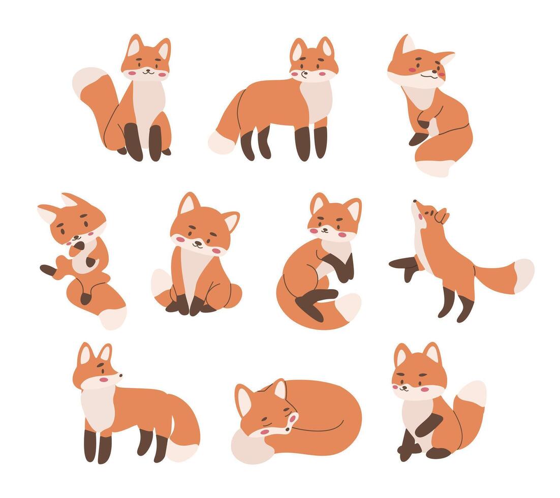 A charming set of hand drawn fox characters in various playful and adorable poses. Perfect for children books, animal themed designs, stickers, and greeting cards vector