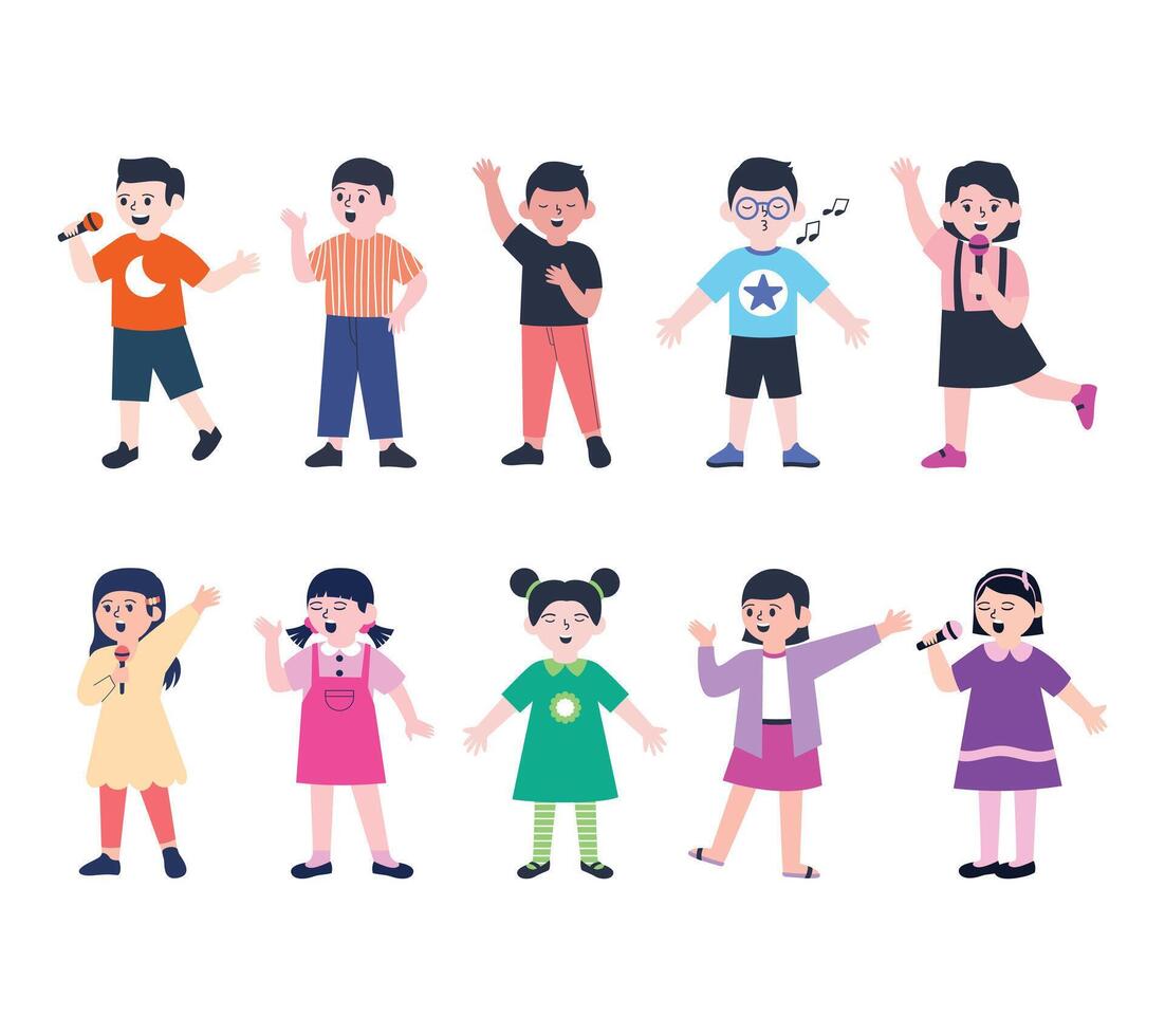A joyful collection of children singing in various poses and expressions. Ideal for music themed designs, school projects, choir posters, and educational materials. vector