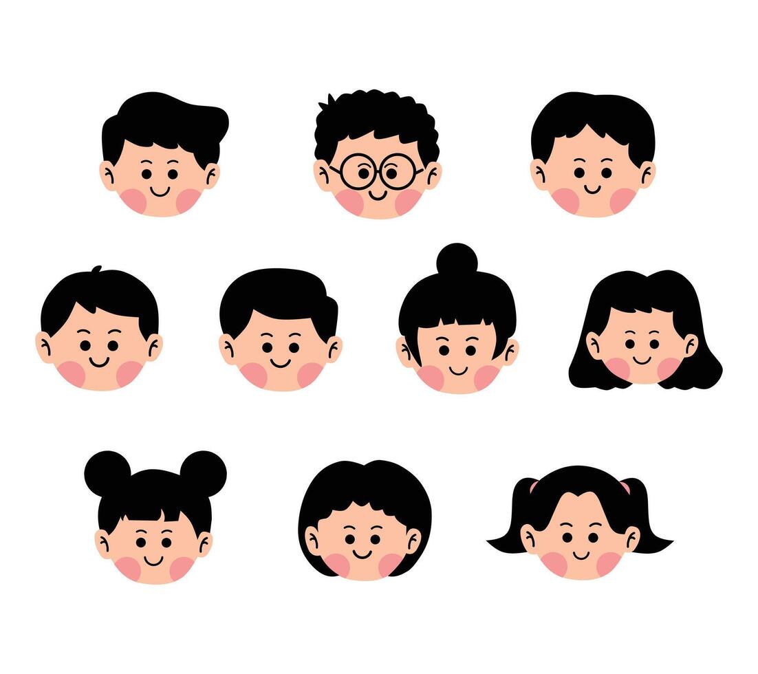 A charming collection of children avatar head illustrations with various styles. Ideal for user icons, educational content, storybooks, and kid friendly designs. vector