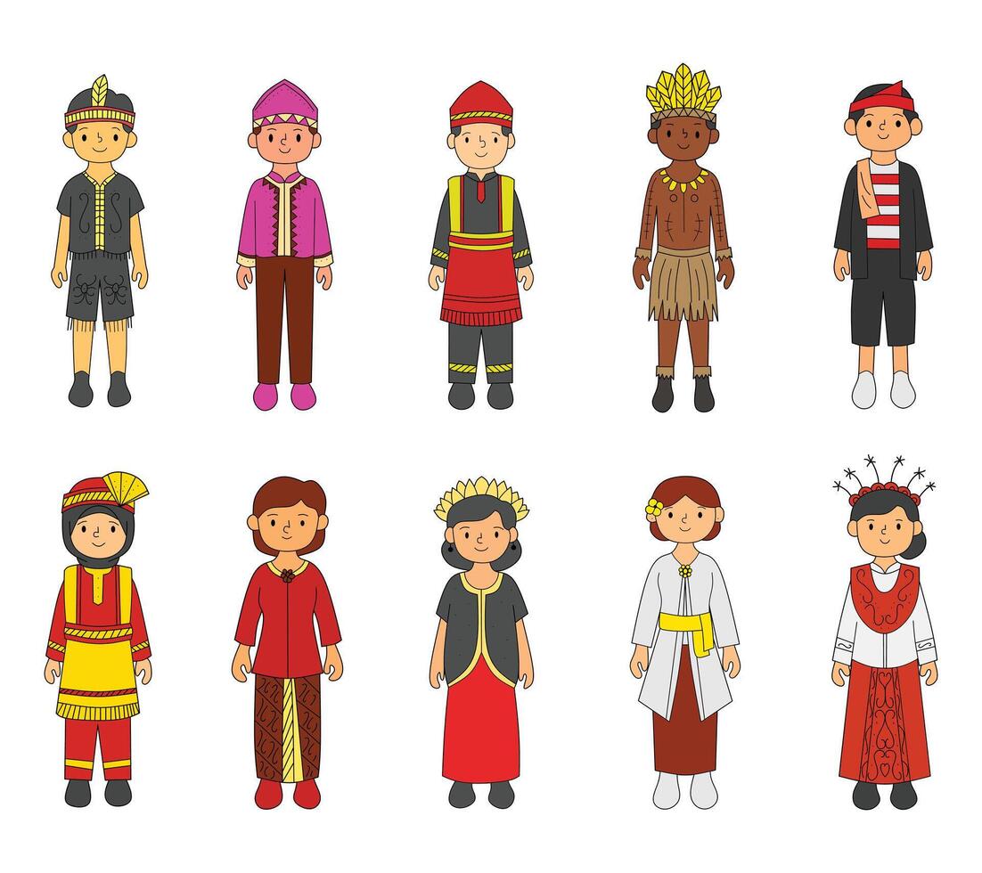 A cultural collection of character illustrations wearing traditional Indonesian attire from various regions. Ideal for heritage projects, cultural education, festive designs, and tourism visuals. vector
