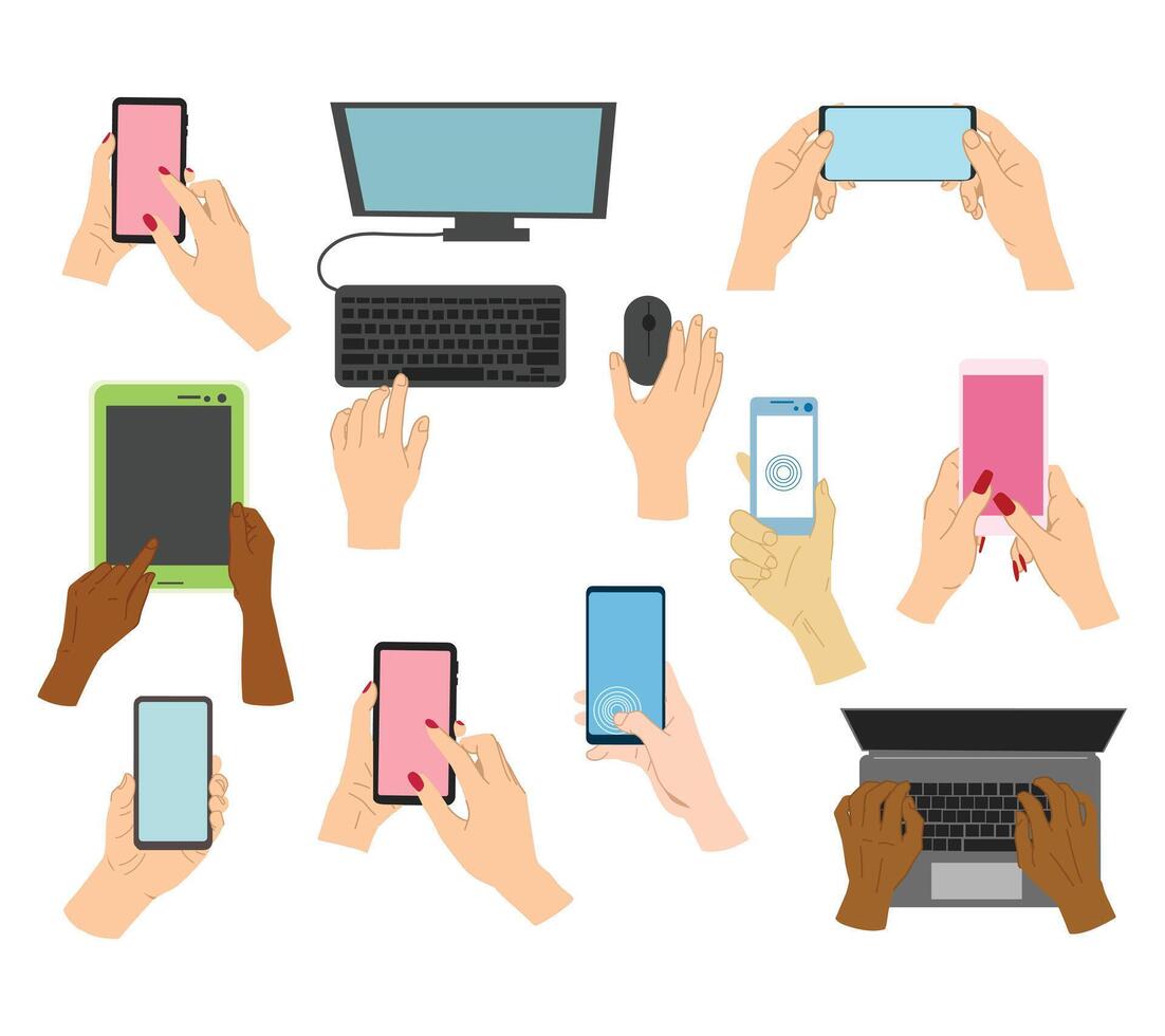A modern collection of top view illustrations featuring hands holding gadgets for tech themed designs, app promotions, business presentations, and digital lifestyle visuals. vector