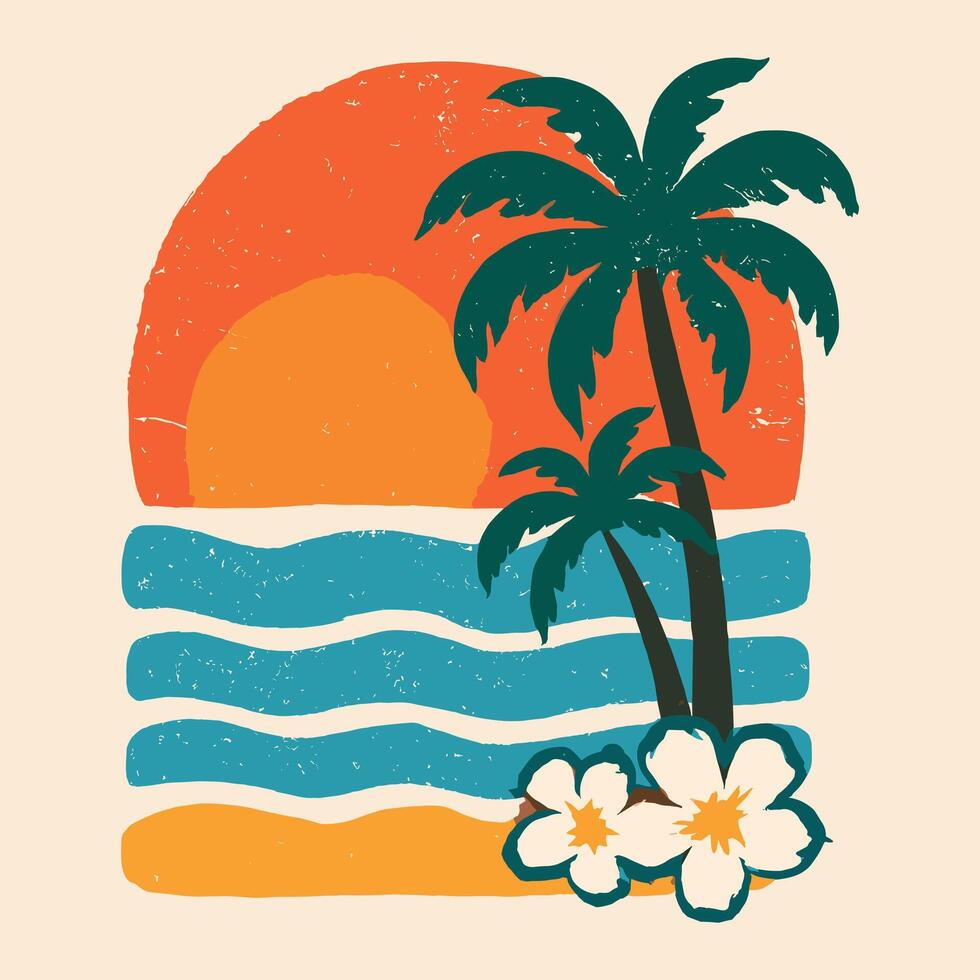 Retro Tropical Beach Vintage Sunset Scene with Palm Trees and Ocean Waves vector