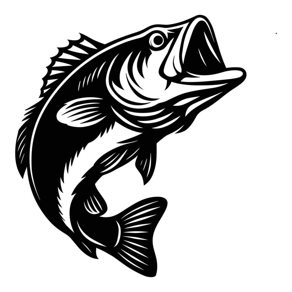 Jumping Bass Fish Black and White Fishing Illustration for Outdoor and Sport Designs vector