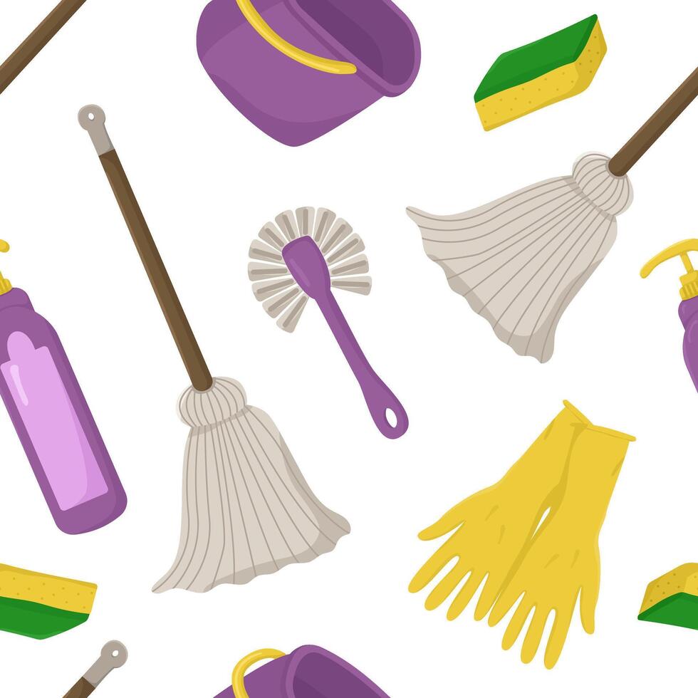 seamless pattern with cleaning items on a white background. Drawing for packaging, business cards and wallpapers with bright objects. vector