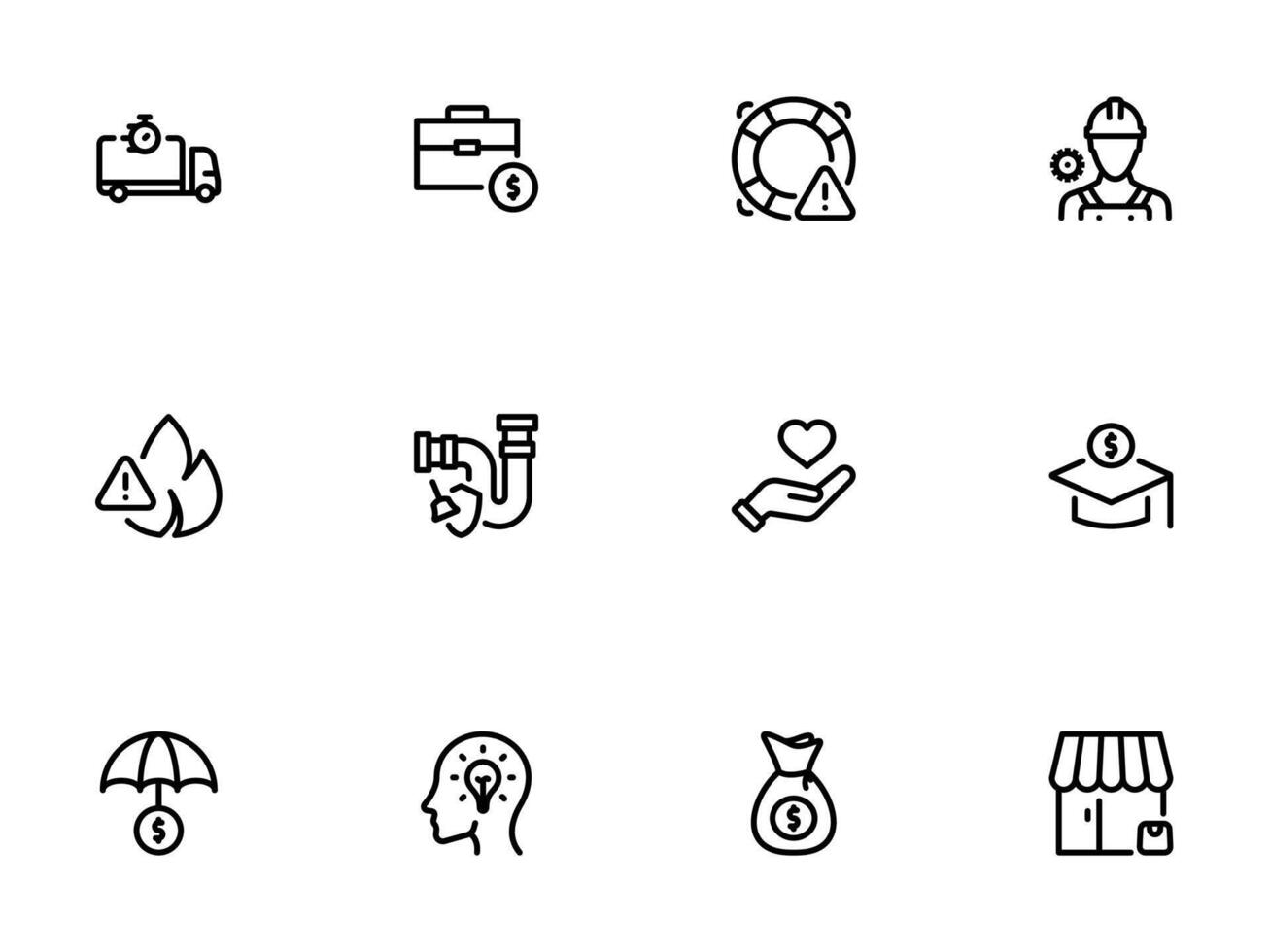 Line art icons representing various risks, insurance, and asset protection vector