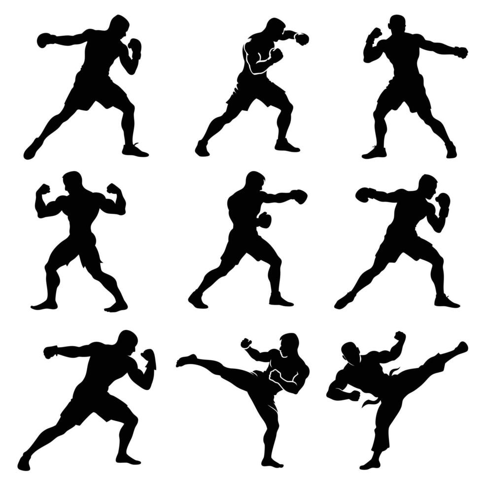 Powerful Martial Arts Silhouettes Boxing Kickboxing Fighter Poses Strong Action Graphics vector