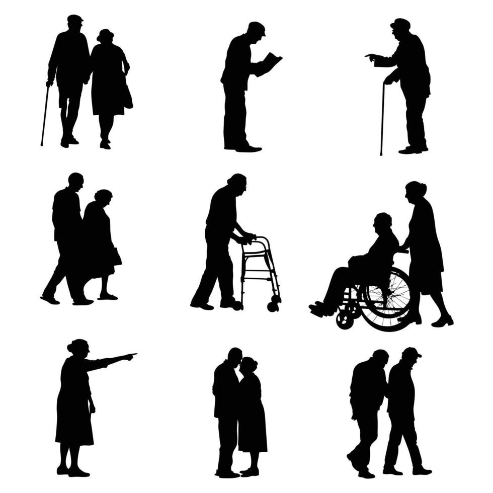 Diverse Silhouettes of Elderly Couples and Individuals Engaging in Daily Activities vector