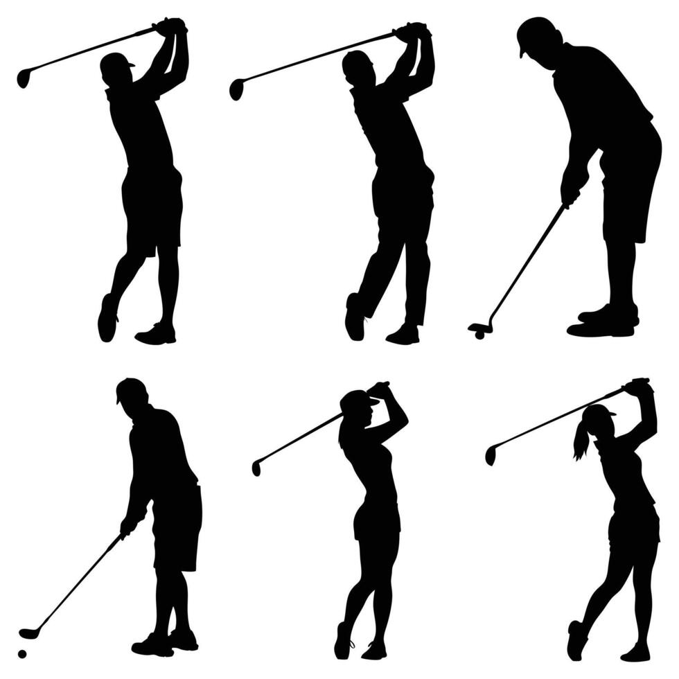 Six Golfers Silhouettes Action Poses Set Sport Illustration Design Graphic vector