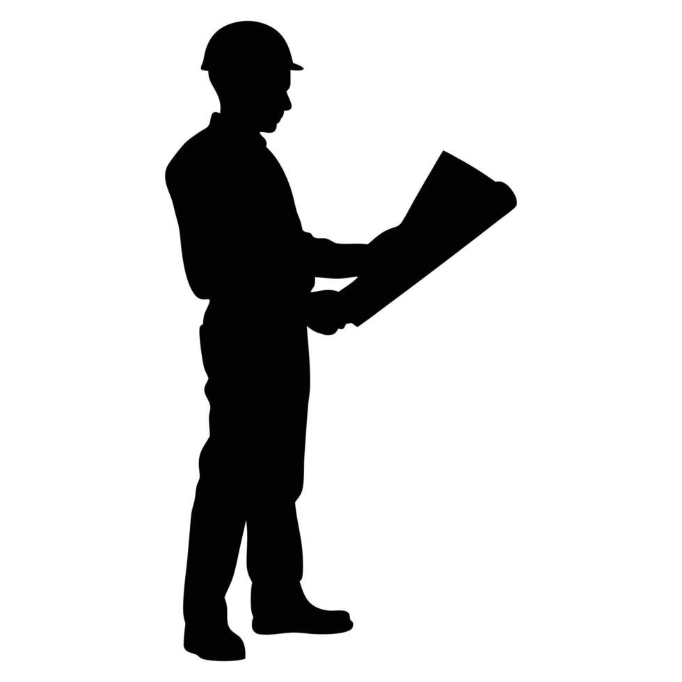 Construction Worker Silhouette Reviewing Blueprint Plans Design Engineering vector