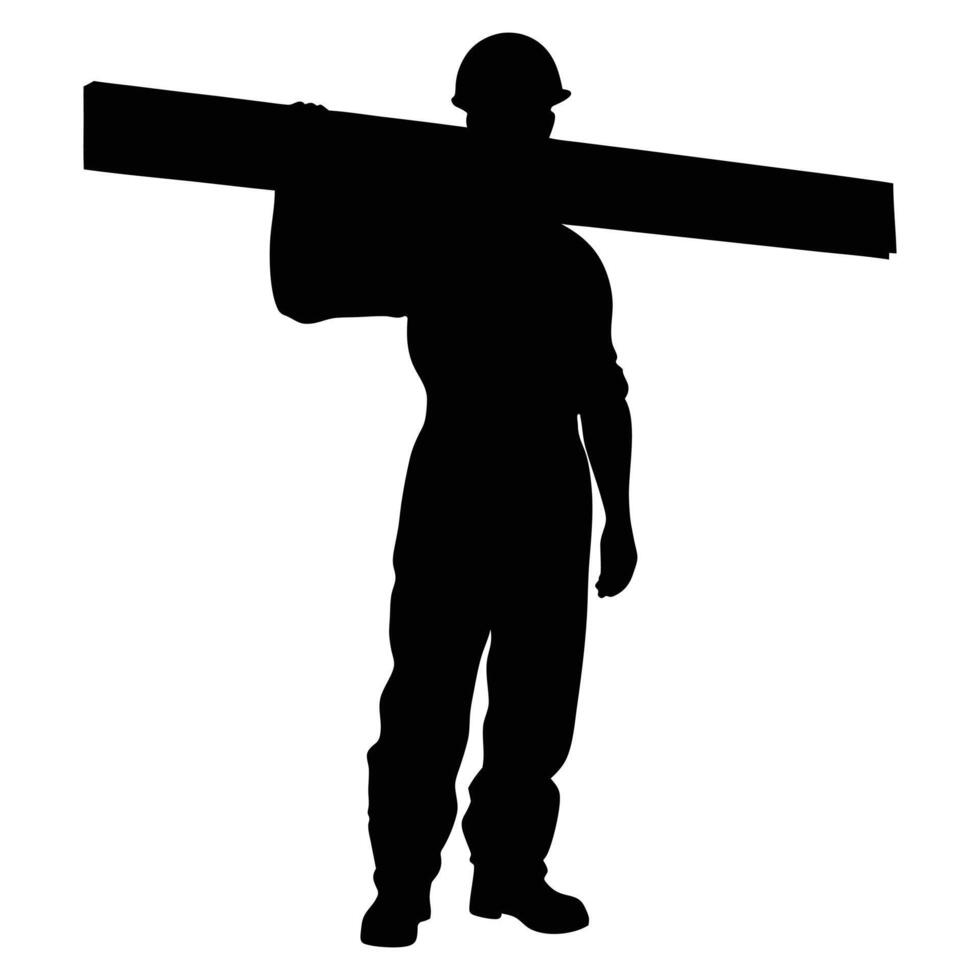Strong Construction Worker Silhouette Carrying Lumber on Shoulder against White Background vector