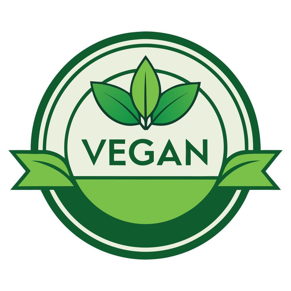 Vegan Badge Green Leaves Organic Plant Based Product Label Design vector
