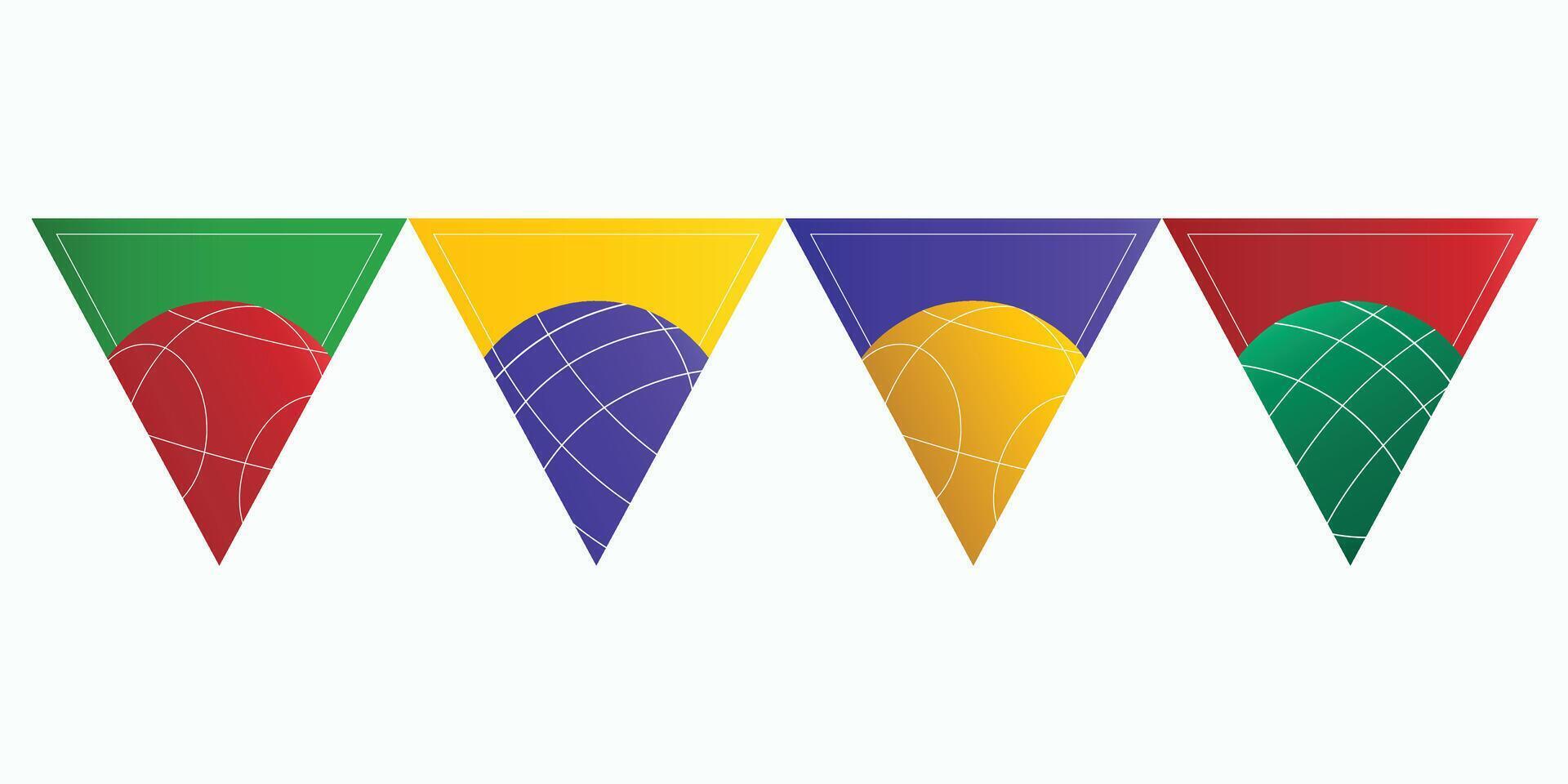 Colorful triangle flags with bocce balls, perfect for sport-themed decor, games, or banners. vector