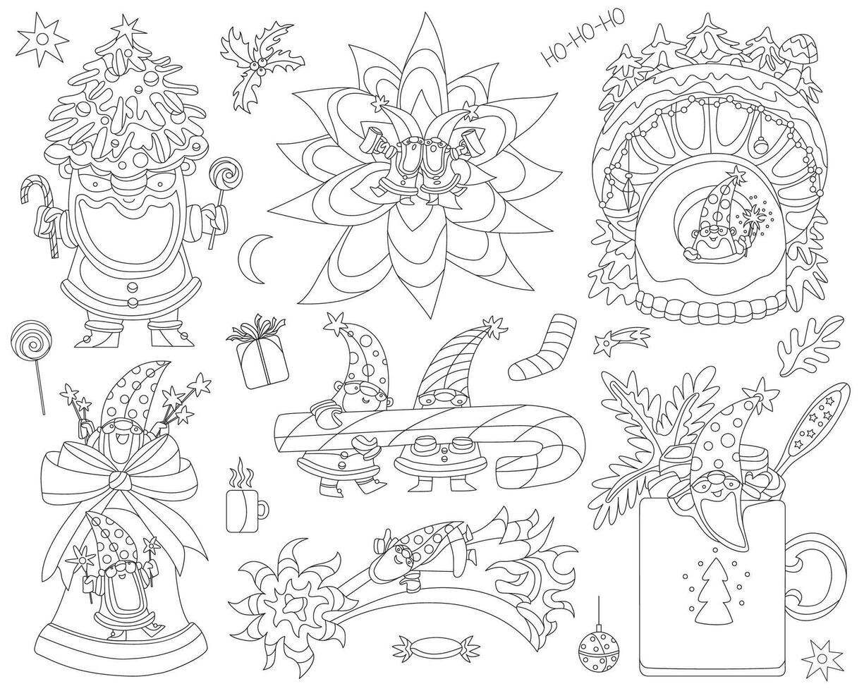 Design set with line art Christmas gnomes with gifts and decorations. Outline cartoon illustrations, coloring page for kids, traditional winter holidays vector