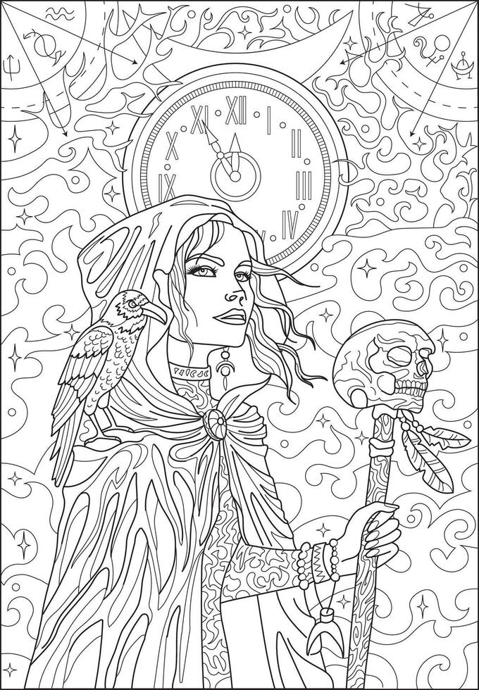 Line art Halloween illustration with beautiful witch girl wearing gothic cape holding wand with scary skull against background of old clock, mystic symbols and mist. Coloring page for adults vector