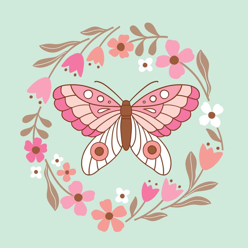 Cute butterfly in floral wreath. Hand drawn butterfly with tiny flowers. Perfect for tee shirt logo, greeting card, poster, invitation or print design. vector