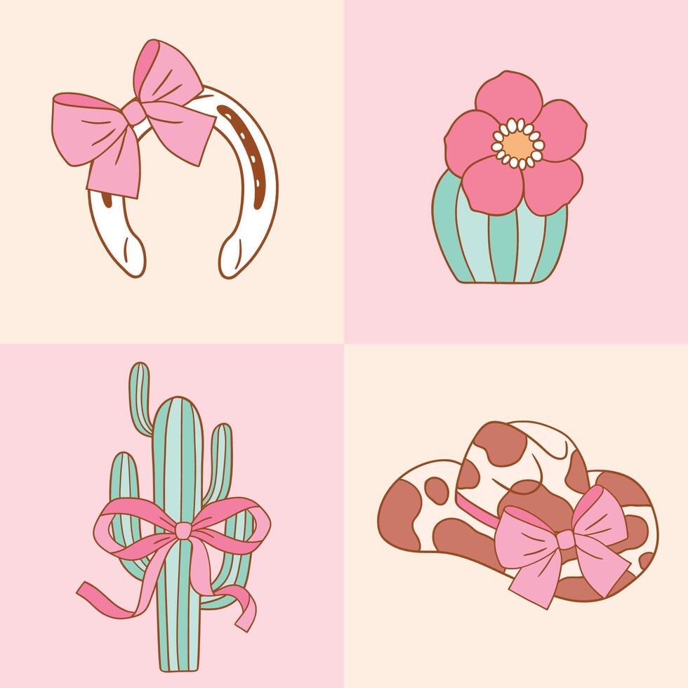 Set of western cowgirl accessory hand drawn girly rodeo clipart succulent and cactus vector